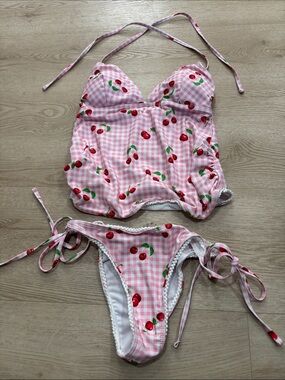 Pink Gingham Cherry Two-Piece maternity Swimsuit
